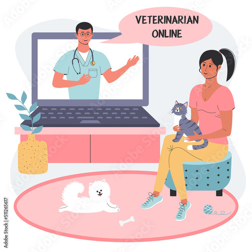 Online consultation using laptop with veterinarian. Female patient with a cat and spitz dog. Healthcare technologies, animal hospital.