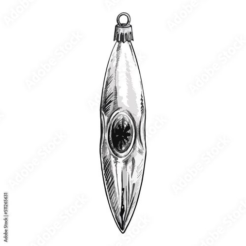 New Year Christmas tree glass icicle toy isolated monochrome sketch digital vector line art