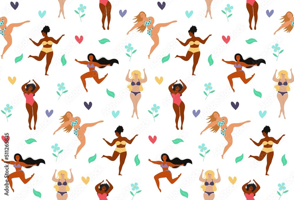 Seamless pattern of body positive happy women, hearts and flowers. Body positive movement, active lifestyle and beauty diversity.
