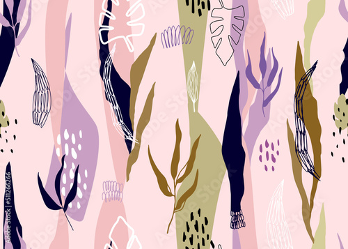Seamless abstract pattern with decorative elements in memphis style. Vector illustration for printing on fabric, for the background of fashion posts in stories.