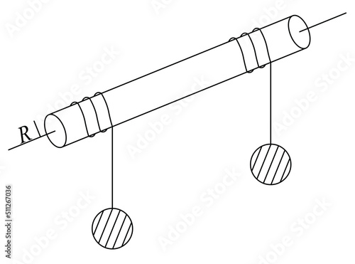 A uniform solid cylinder of mass M and of radius R rotates about a frictionless axle. Two masses are suspended from a rope wrapped around the cylinder