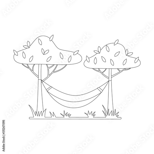 Doodle hammock stretched between the trees. Outdoor recreation, camping. Outline black and white vector illustration isolated on a white background.