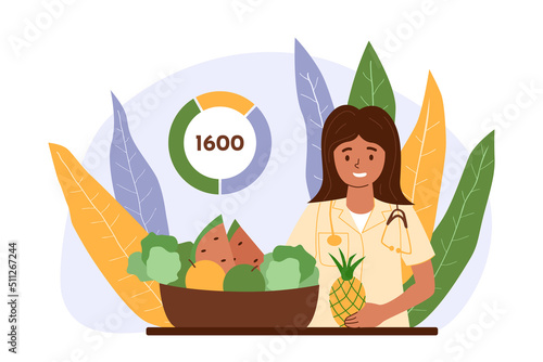 Nutritionist bowl of fruits and vegetables calorie mark. Healthy food, detox diet concept. Natural leaves background. Health improvement nutritions. Low calorie diet weight reduce