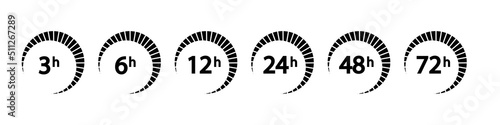 Set of arrows clock and time icons. 3, 6, 12, 24, 48, 72 hours.