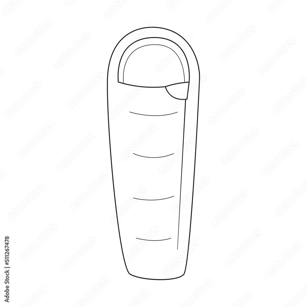 Doodle A buttoned sleeping bag. Equipment for fishing, tourism, travel, camping, hiking. Outline black and white vector illustration isolated on a white background. Doodle A buttoned sleeping bag. Equipment for fishing, tourism, travel, camping, hiking. Outline black and white vector illustration isolated on a white background.