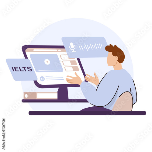 IELTS International English Language Testing System. Vector illustration concept with man who preparing for examen online classes speaking club improves languages. Isolated on white background photo