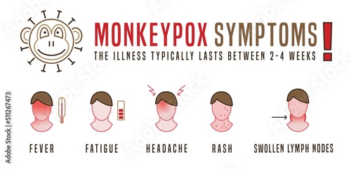Main monkeypox symptoms. Pox virus icons. Vector illustration photo
