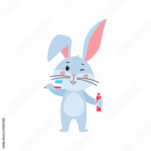 Cute cartoon rabbit or hare. Rabbit with toothbrush and toothpaste, getting ready to brush his teeth. Printing on children T-shirts, greeting cards. Hand-drawn vector stock illustration on white 