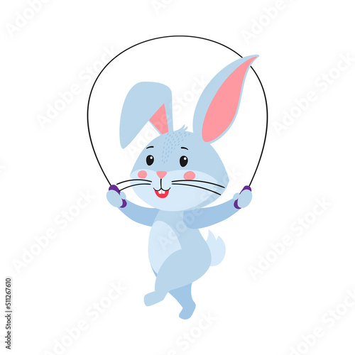 Cute cartoon rabbit or hare. Rabbit jumps over a rope. Printing on children's T-shirts, greeting cards, posters. Hand-drawn vector stock illustration isolated on white background