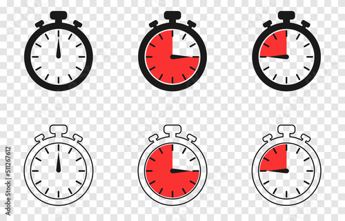 Vector set of clock, alarm clock, timer PNG. Timer, clock on an isolated transparent background. Timer with different time indicator. Сlock icon png.