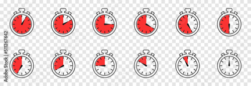 Vector set of clock, alarm clock, timer PNG. Timer, clock on an isolated transparent background. Timer with different time indicator. Сlock icon png.