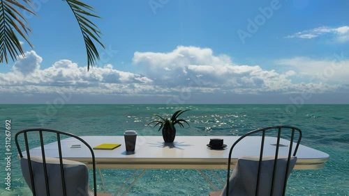 It is a comfortable scenery in a resort area. Calm waves and palm trees put your mind at ease.