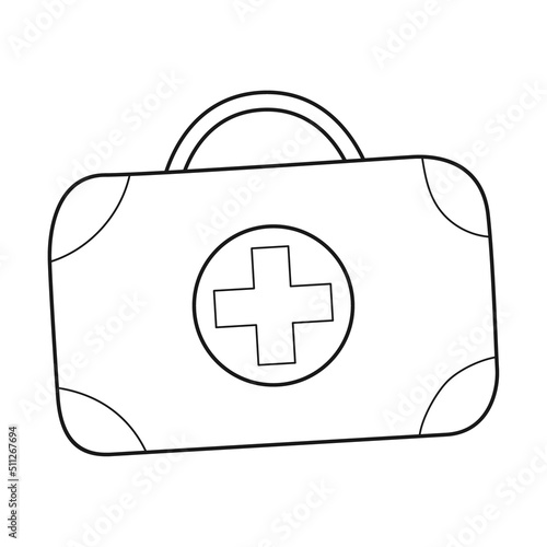 Doodle Tourist medical kit. A portable suitcase with medicines for cars, camping, hiking, at home. Outline black and white vector illustration isolated on a white background.