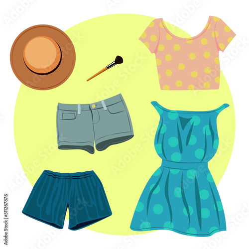 Set of vector drawings of summer women's clothing, dress, shorts, hat. Elements for creating summer banners, advertising in the field of fashion, sales, business