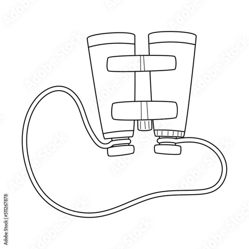 Doodle Binoculars with a neck shoulder strap. Binocular chest harness.Optical device with zoom. Equipment for hunting, tourism, travel, hiking.Outline black white vector illustration isolated on white