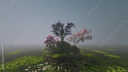 Rainy pond landscape. It expresses a beautiful oriental atmosphere.