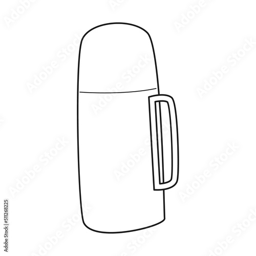 Doodle Thermos. Thermocup. Equipment for tourism, camping, travel, hiking. Outline black and white vector illustration isolated on a white background.