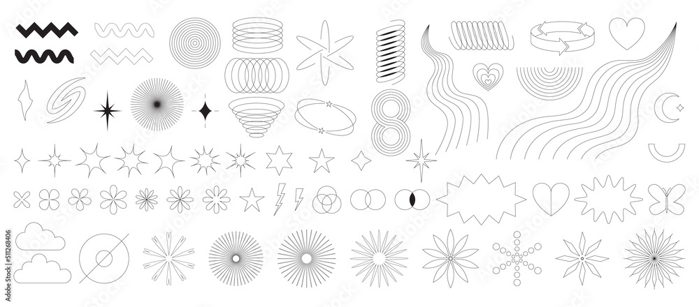 A set of abstract outline geometric design elements in y2k style. Modern graphic shapes, stars, bling, glitter, silhouettes, brutalism forms. Trendy minimalistic retro decorative elements. Vector - obrazy, fototapety, plakaty 