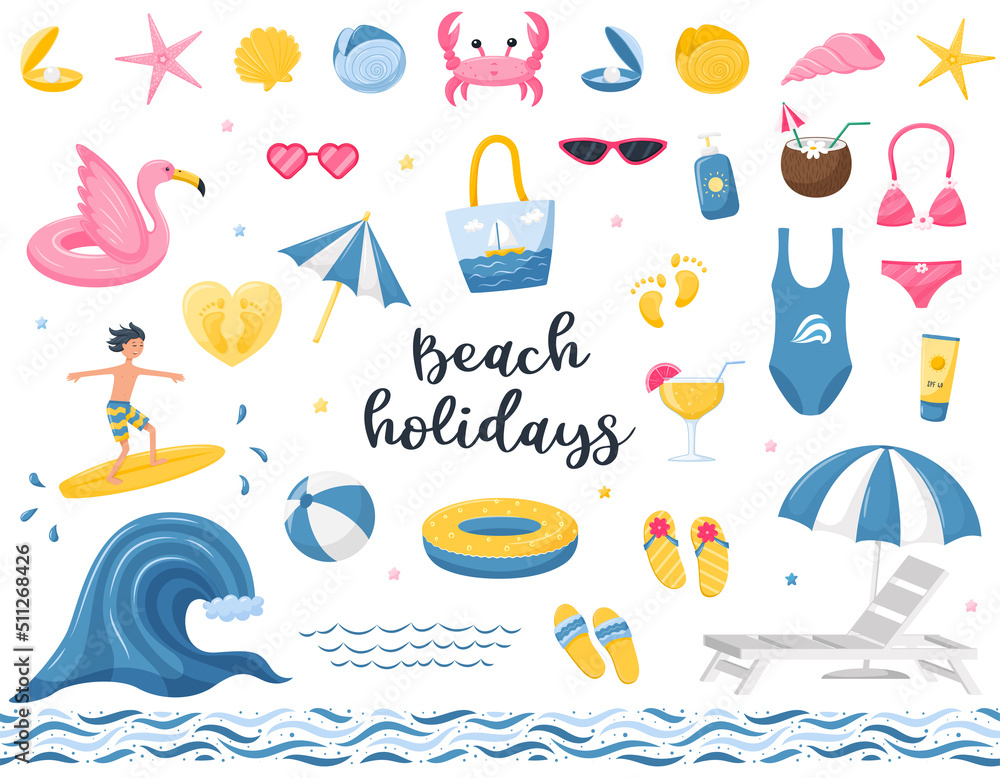 Naklejka premium A set of summer beach, decorative elements. Beach bag, flamingo lifebuoy, diving mask, and fins. Seamless border with abstract designs. Vector illustrations in a flat cartoon style isolated on white.