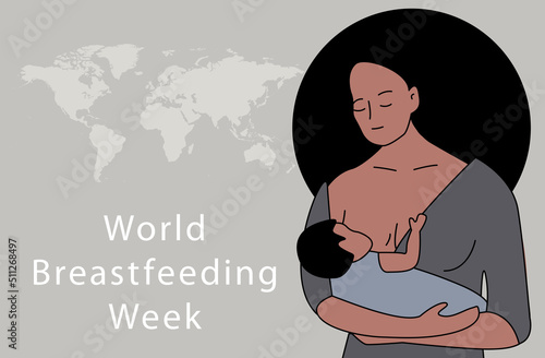 World breastfeeding week. Newborn baby sucking milk from mothers breast. Portrait of mom and breastfeeding baby. Natural process of female and newborn flat style. International holiday concept