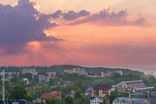 Early morning sunrise in Truskavets, Ukraine. Panorama of the city. Ukraine, summer time.