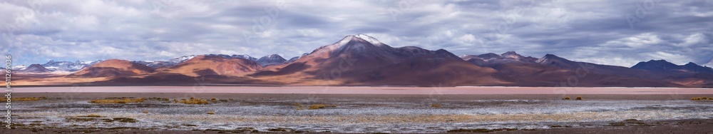 Large natural panorama of Laguna Colorada in Bolivia on border with Chile. Amazing colorful landscape of lake in Atacama Desert and Andes mountains. Concept of travel. Copy space for site