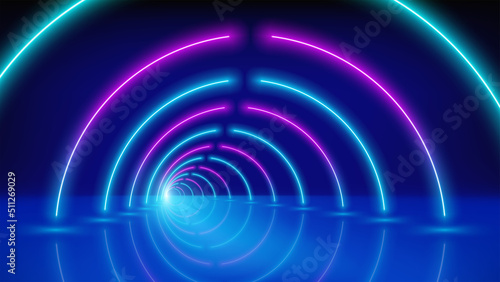 Glowing neon lines, tunnel, led stage. Abstract technological background, virtual reality. Pink blue purple neon corridor of circles, perspective. Ultraviolet bright glow. Vector illustration