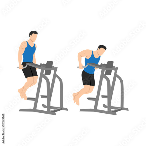 Man doing parallel dip bar exercise. Flat vector illustration isolated on white background