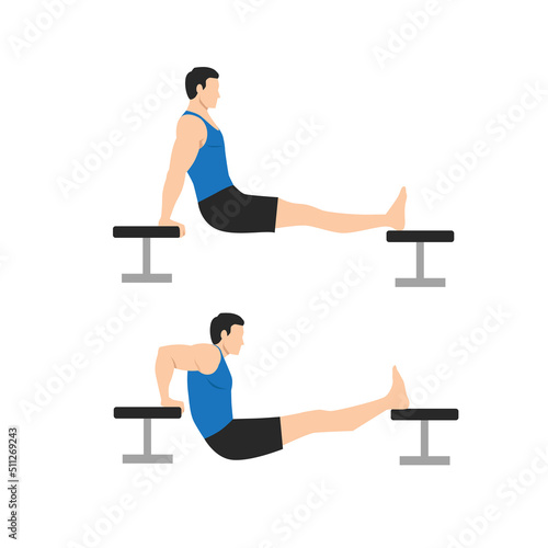 Man doing Chair. bench tricep dips exercise. Flat vector illustration isolated on white background