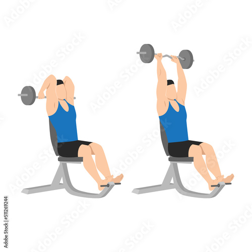 Woman doing Seated barbell french press exercise. Flat vector illustration isolated on white background photo