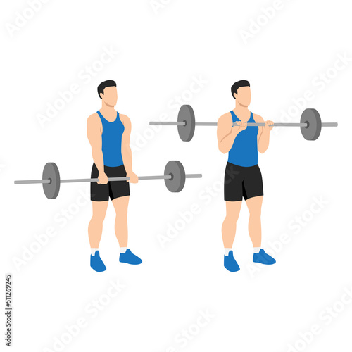 Man doing Reverse barbell curl. Flat vector illustration isolated on different layers. Workout character
