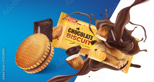 Chocolate biscuit cookies in the middle isolated on solid color background. Vector realistic in 3d illustration. Packaging mock up.