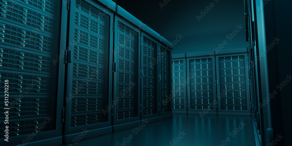 Naklejka premium Row of operating server racks in modern data center room, 3d rendering cyber security infrastructure interior, super computer cluster for artificial intelligence model database technology