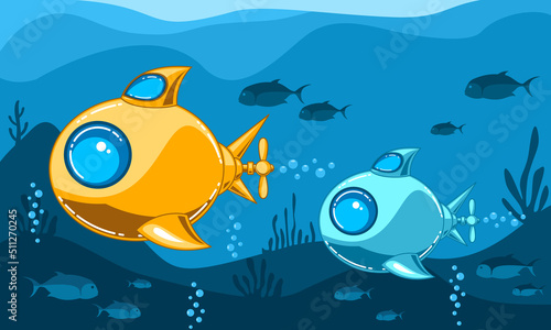 underwater submarine in the sea with fish