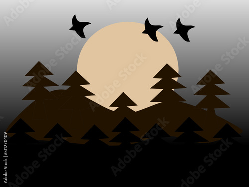 beautiful view of pine forest with full moon light
