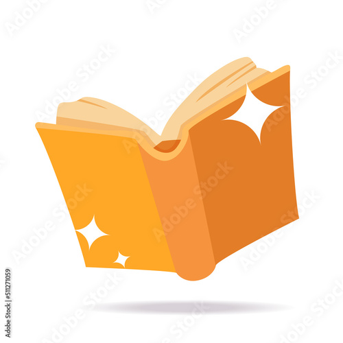 Yellow magic flying open book design. Literacy and children book day concept.