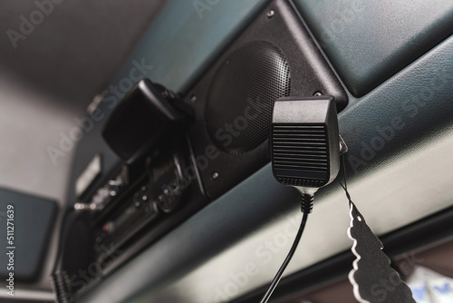 CB radio with microphone inside the truck photo