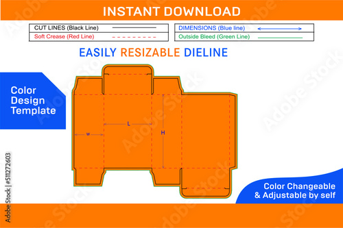 Custom Reverse Tuck  or (RTE) End folding box dieline template Color Design Template