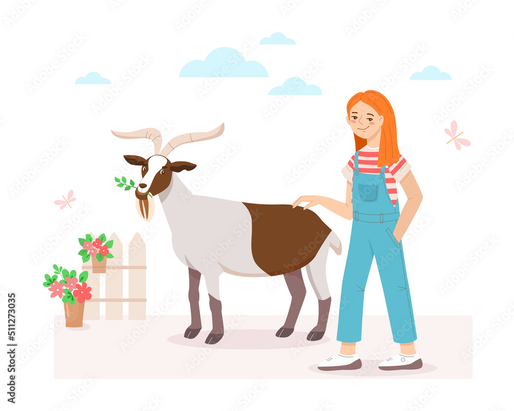 Little girl petting goat in contact zoo. Goat chews grass near a fence with flowers. Family holidays with children on the farm. Vector illustration isolated on white background.