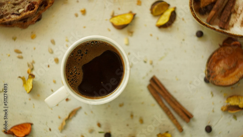 fresh morning black turkish arabic coffee cezva homemade fresh healthy bread with seeds rustic farmhouse style vintage photo