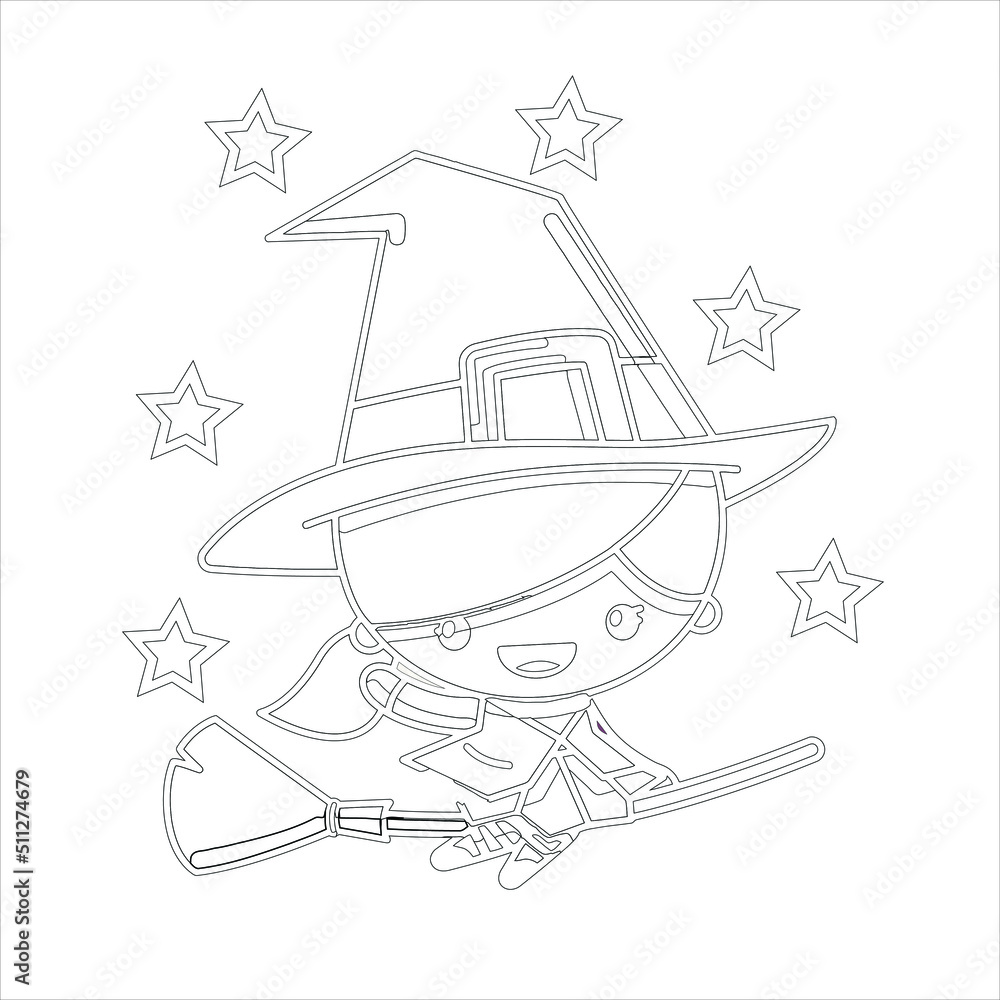 Sweet girl  witch Coloring page , 
Cute chibi kawaii Witch  characters , cute Witch Flying  girl vector Illustration  Hand drawn vector illustration for coloring book