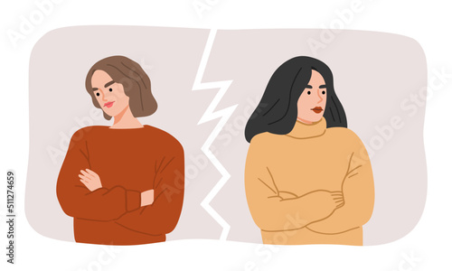 Upset and angry people in a quarrel. Two young women are offended by each other. A split in a relationship. Lost friendship. Vector hand drawn illustration in flat cartoon style.