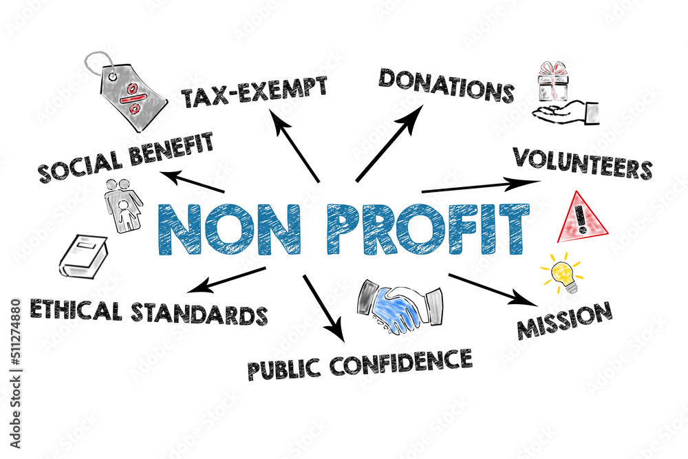 NON PROFIT. Illustration with text and icons on a white background