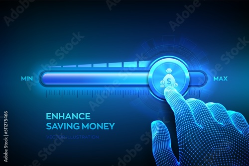 Saving money. Growing capital financial concept. Wireframe hand is pulling up to the maximum position progress bar. Increase wealth, income, retirement, funds, investment. Vector illustration.