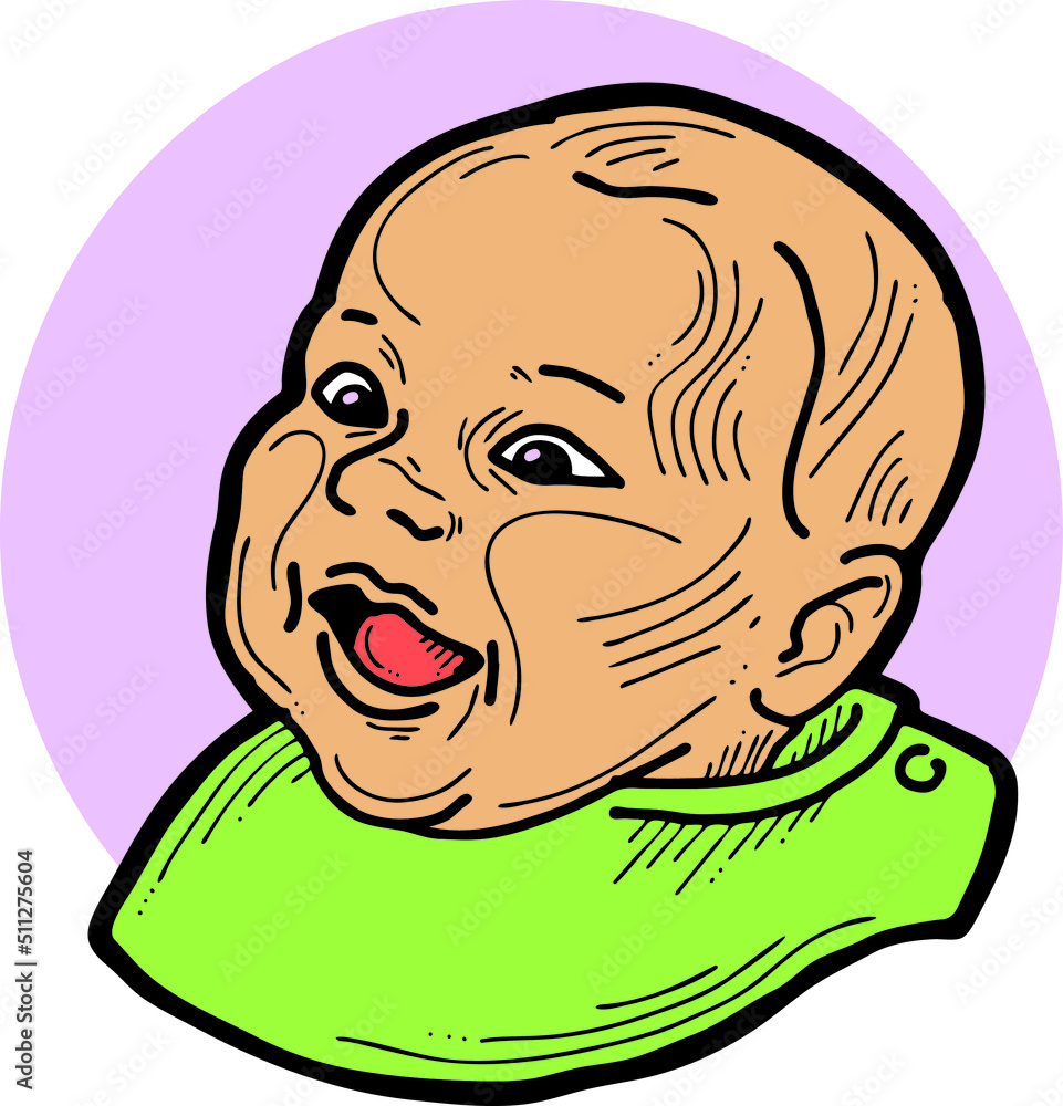 Obraz premium New born sweet baby face emotions. Little happy child surprised with open mouth. Hand drawn character vector illustration. Retro vintage comic cartoon line style drawing.