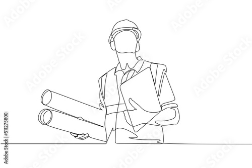 Single continuous line drawing of young male architect holding blueprint paper pose cross arms. Professional work job occupation. Minimalism concept one line draw graphic design vector illustration