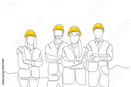	
One line drawing of  male and female building builder groups wearing helmet. Great team work concept. Trendy continuous line draw design graphic vector illustration