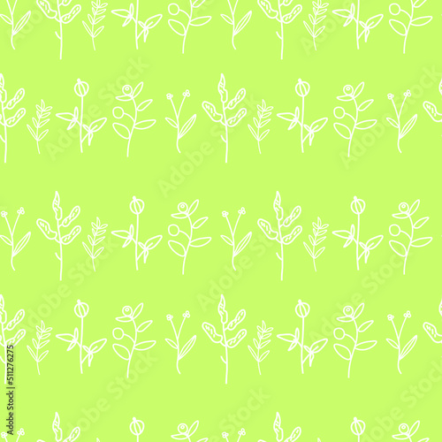 Fototapeta Naklejka Na Ścianę i Meble -  Vector seamless floral pattern in white line on lime background.Repeating botanical print in a minimalist style in bright modern colors.Designs for textiles,wallpaper,fabric,wrapping paper,packaging.