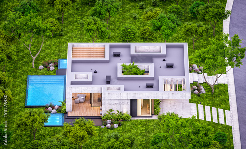 3d rendering of new concrete house in modern style with pool and parking for sale or rent and beautiful landscaping on background. Only one floor. Clear summer evening with cozy light from window © korisbo