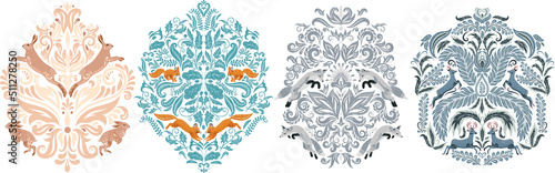 Fototapeta Naklejka Na Ścianę i Meble -  Compositions of ornaments in the Damascus style with animals and plants. Squirrels, foxes, deer, hares. A modern interpretation of the luxurious Damask ornament. Design for T-shirts, postcards, logos.